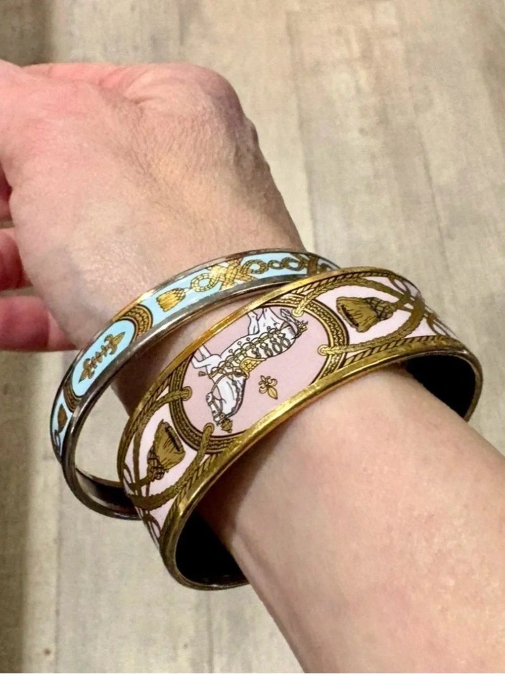 Authentic Hermes Grand Apparat Enamel Bangle Bracelet Set Wide Pink Narrow Blue